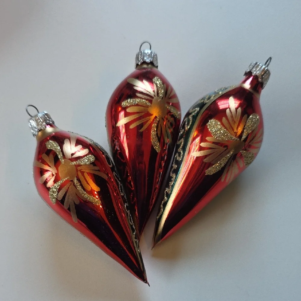 Vintage Holiday Ornaments Set Of 6 - Glass With Glitter Accents